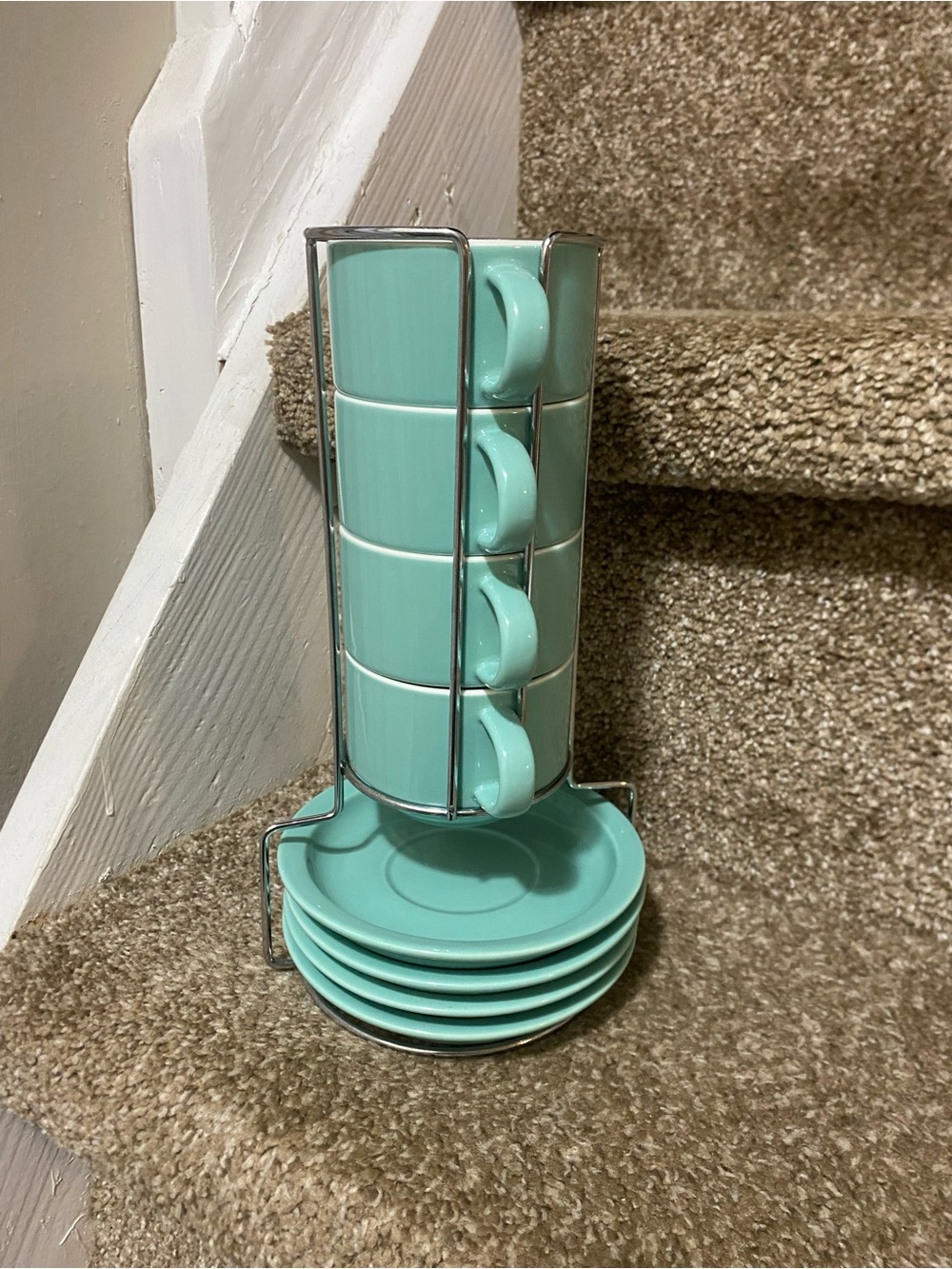 Stackable Mint Green Ceramic Cup and Saucer Set with Chrome Rack
